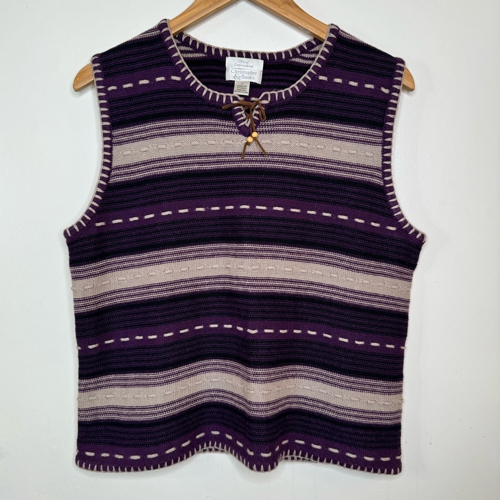 Vintage Sweater Vest Hand Embroidered Women Large Purple Beige Stripe Woven Boho